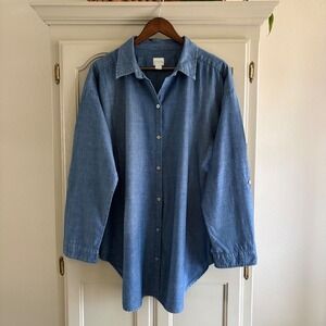Chicos Blue Chambray Roll Tab Sleeve Button Down Tunic Shirt Size 3 XL